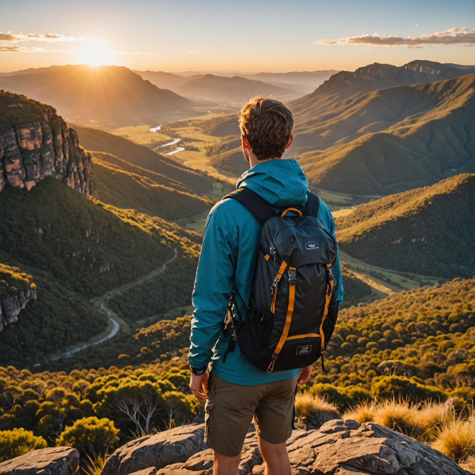Backpacker overlooking an Australian valley at sunrise