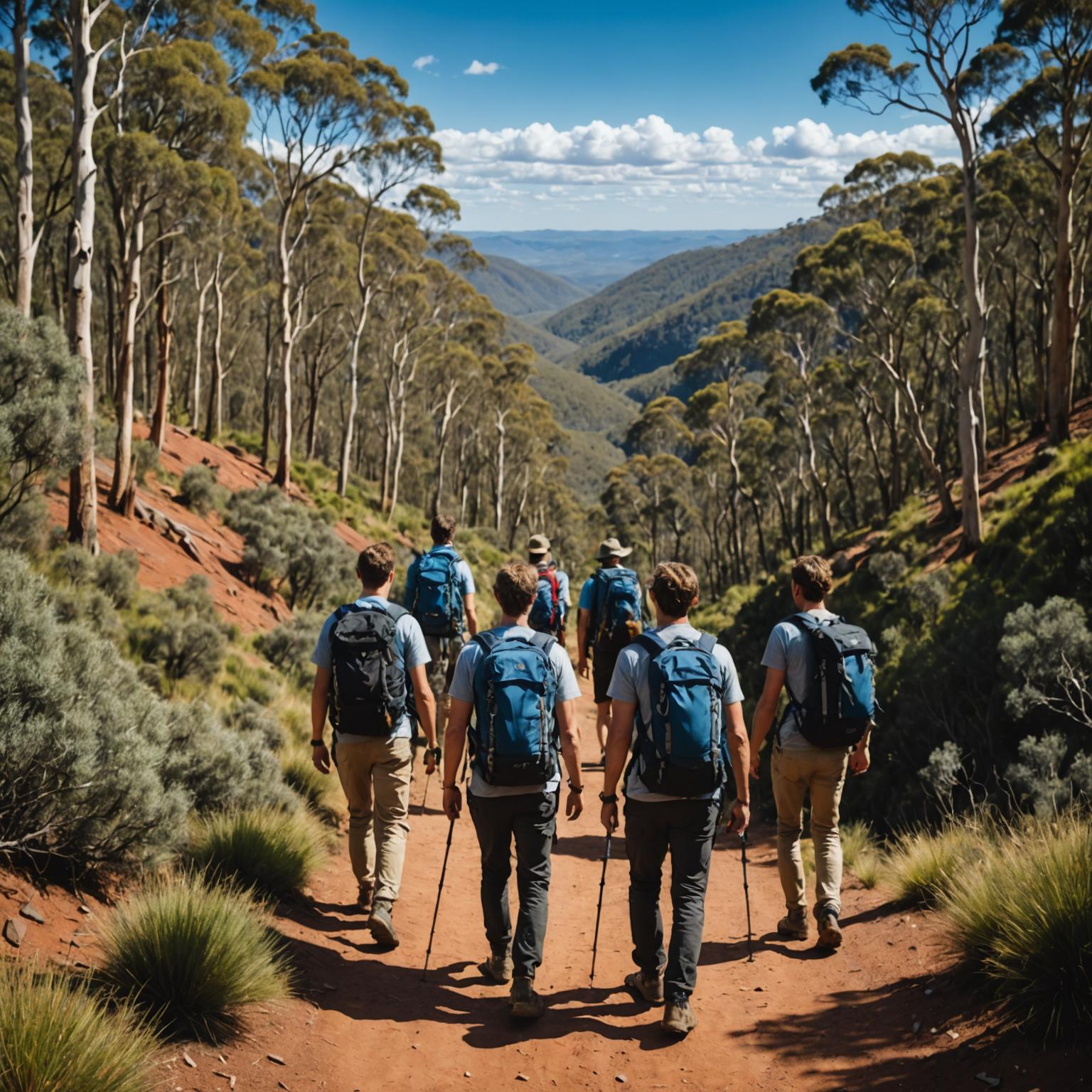 Group of travellers hiking through lush Australian bushland
