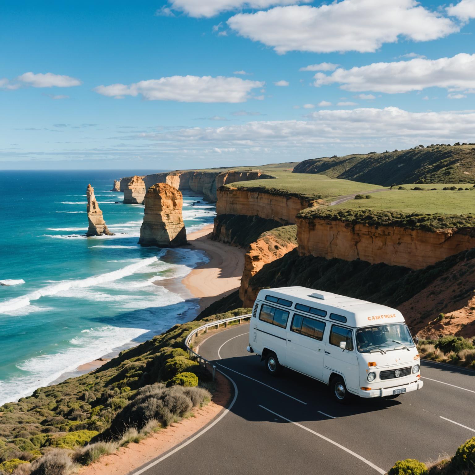 Campervan parked at a scenic coastal lookout with sweeping ocean views