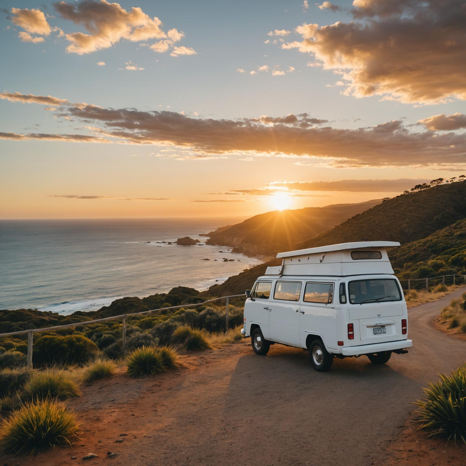 Campervan parked at a scenic lookout on an Australian highway